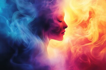 Abstract Profile Silhouette in Swirling Blue and Orange Smoke