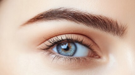 Obraz premium A close-up of perfectly shaped female eyebrows, meticulously groomed and defined, with soft makeup enhancing the natural beauty, set against a neutral background
