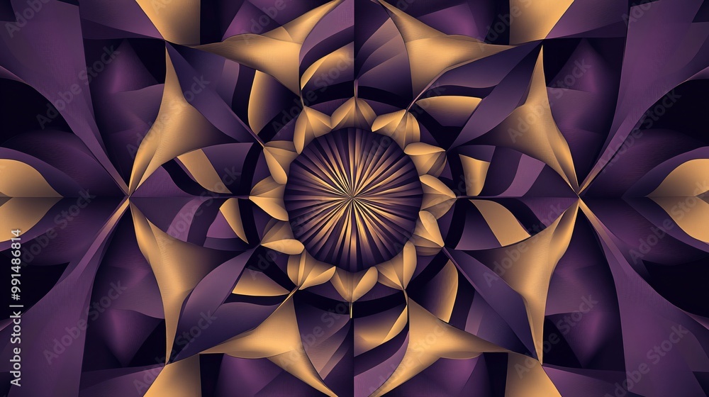 Poster abstract geometric pattern of overlapping purple and yellow shapes with a radial design in the cente