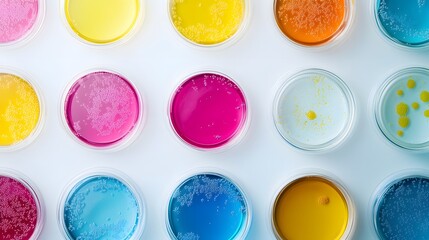 Colorful Petri Dishes with Various Liquid Cultures