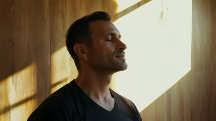 Man in his 40s sits in a meditative pose in a cozy yoga studio