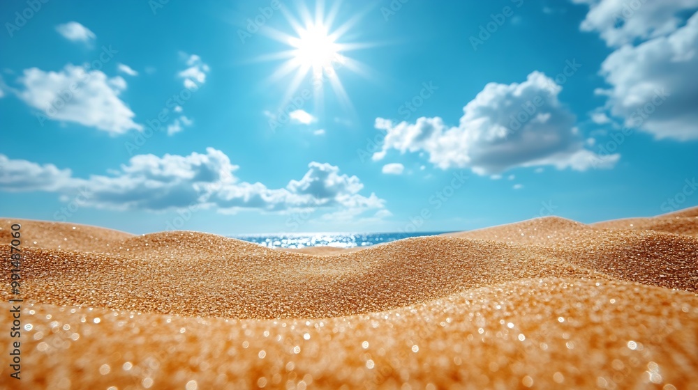 Poster sun of summer time on sky and sand of beach : generative ai