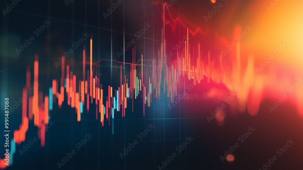 Poster colorful data visualization showing financial trends with fluctuating lines against a dark backgroun