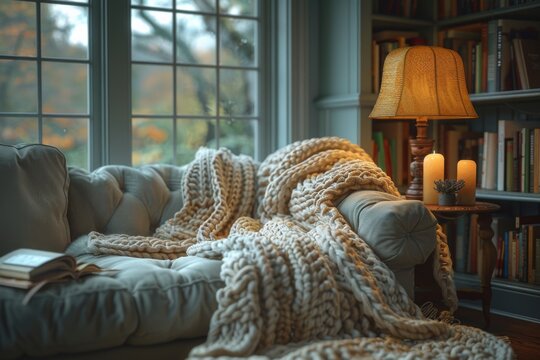 Cozy Living Room with Chunky Knit Blanket on Sofa, Lit Lamp and Candles, Surrounded by Large Window, Bookshelves, and Warm Ambient Lighting in a Serene Settingcozy