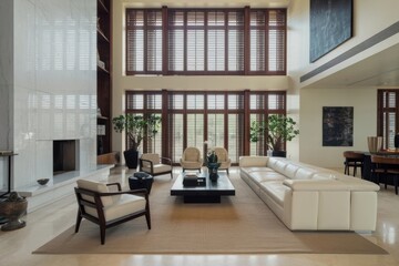 Fototapeta premium Modern Luxury Living Room with High Ceilings and Garden View