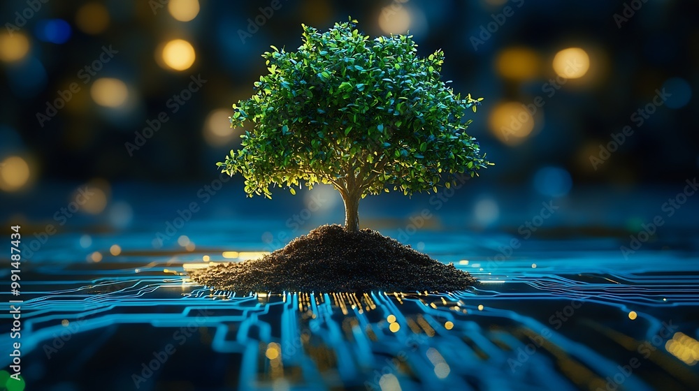Fototapete Tree with soil growing on  the converging point of computer circuit board Blue light and wireframe network background Green Computing Green Technology Green IT csr and IT ethics Concep : Generative AI
