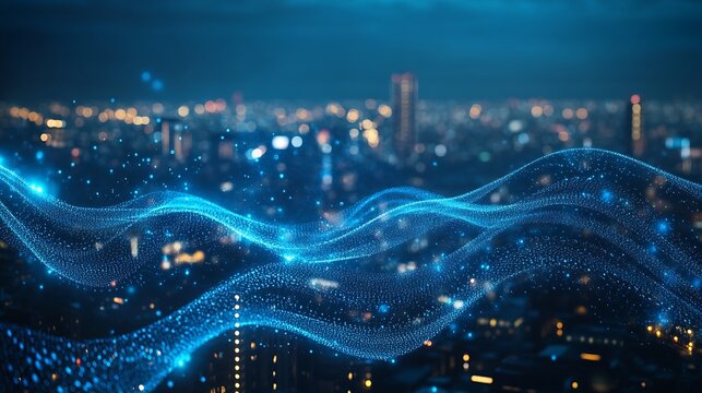 Fototapeta Smart city and big data connection technology concept with digital blue wavy wires with antennas on night megapolis city skyline background double exposure : Generative AI