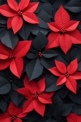 Obraz premium A vibrant arrangement of red poinsettia flowers against a dark backdrop, creating a striking contrast and festive atmosphere.