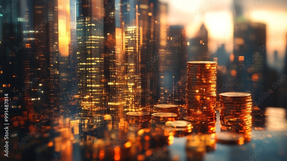 Aufkleber double exposure of city graph and rows of coins for finance and business concept : generative ai