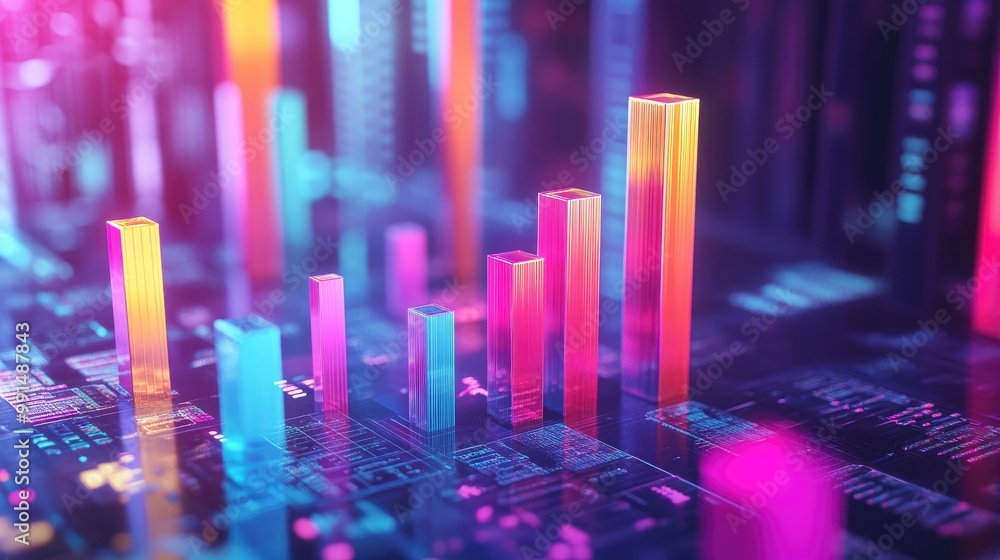 Poster a colorful 3d bar chart with glowing bars in various heights, floating in a futuristic digital envir