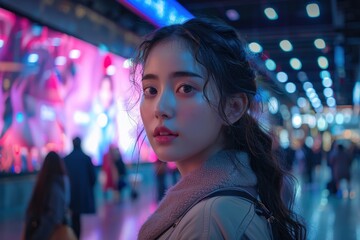 Obraz premium Young woman with wavy hair in urban night setting illuminated by vibrant neon lights and blurred cityscape background, gazing into the camera urban