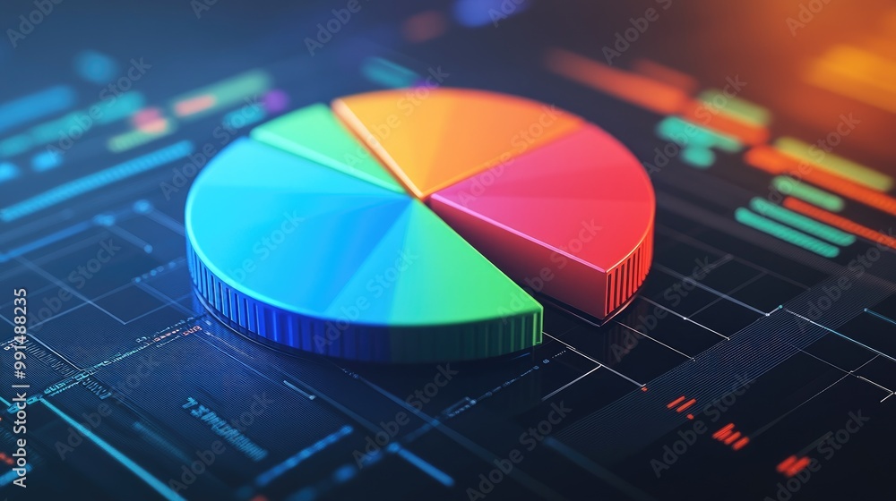 Poster a colorful 3d pie chart with each segment floating slightly above a digital platform, representing d
