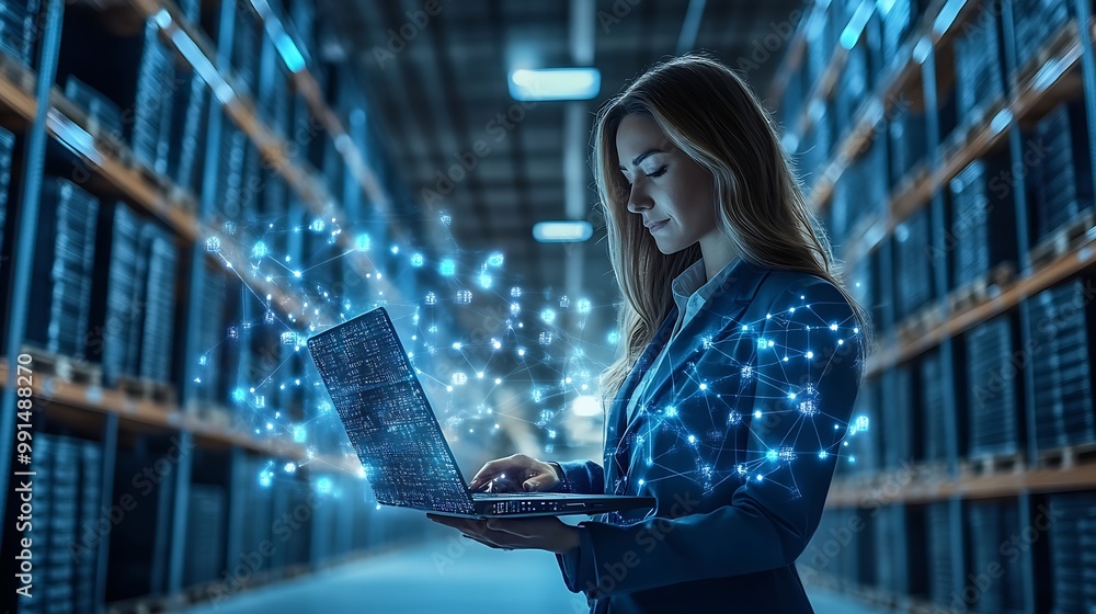 Poster 3D Graphics Concept Big Data Center Female Chief Technology Officer Using Laptop Standing In Warehouse Activates Servers Information Digitalization Starts SAAS Cloud Computing Web Serv : Generative AI