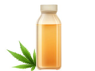 a bottle of liquid next to a leaf