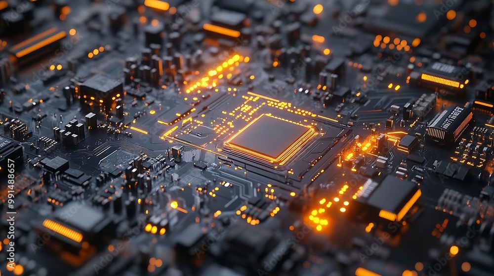 Aufkleber Advanced Technology Concept Visualization Circuit Board CPU Processor Microchip Starting Artificial Intelligence Digitalization of Neural Networking and Cloud Computing Digital Lines M : Generative AI