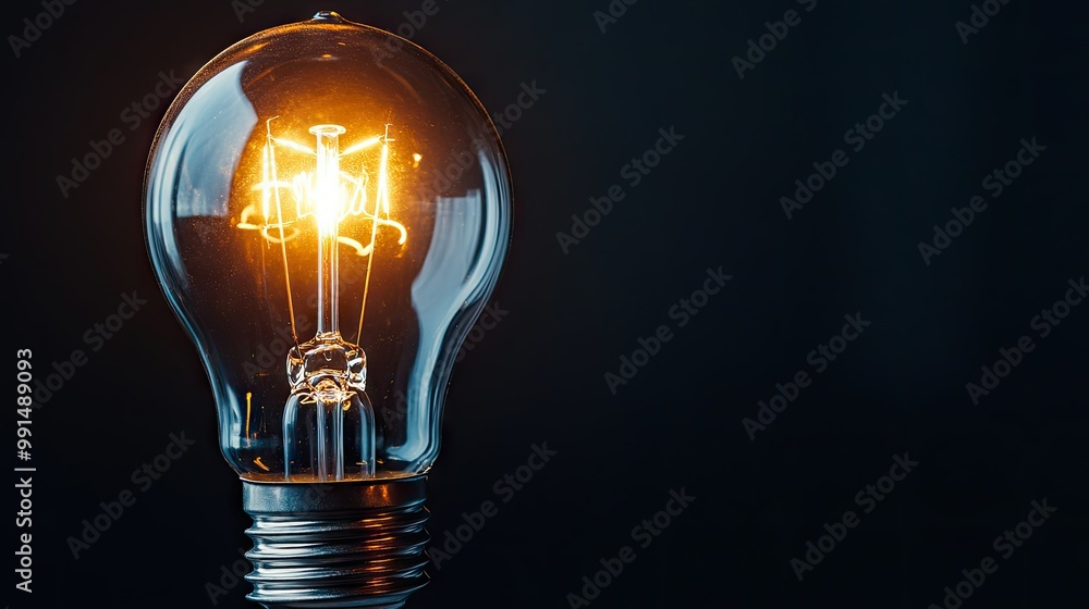 Poster close-up of a glowing light bulb with a clean, dark background providing ample space for text. -