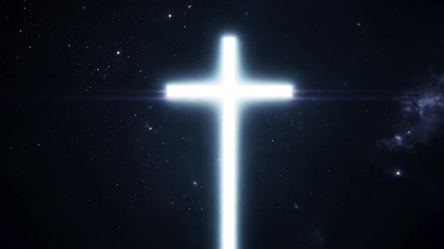 A bright cross radiates light against a backdrop of stars, symbolizing hope and faith in the tranquility of the night sky