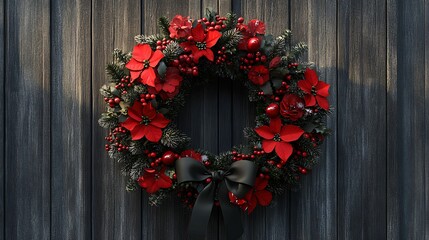 A festive Christmas wreath adorned with red flowers, berries, and a black bow, hanging on a wooden wall, creating an elegant holiday decoration.