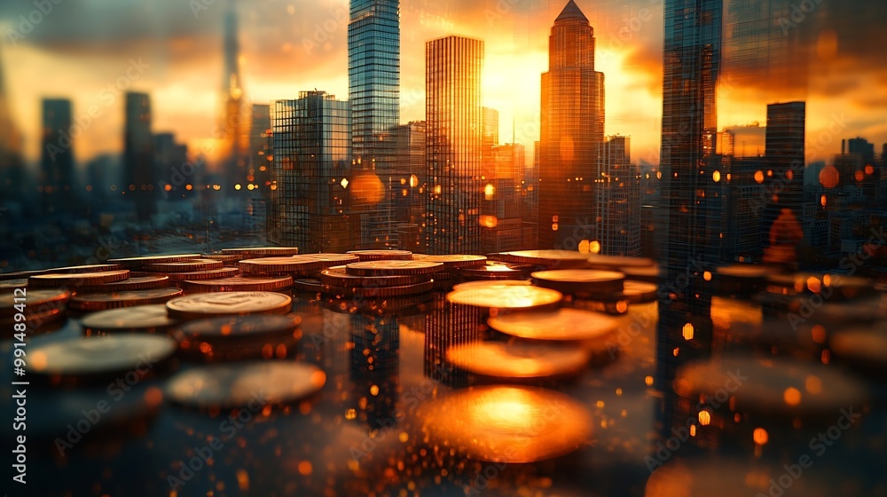 Aufkleber Double exposure of city and graph on rows of coins for finance and banking concept : Generative AI