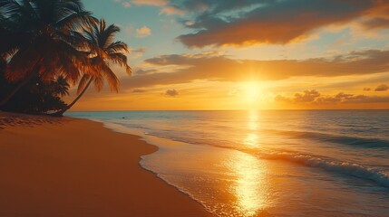 Island palm tree sea sand beach Panoramic beach landscape Inspire tropical beach seascape horizon Orange and golden sunset sky calmness tranquil relaxing summer mood Vacation travel ho : Generative AI