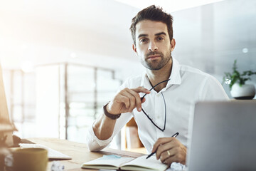 Business, man and portrait with laptop at office on website or online for research and information. Lens flare, male person and serious as employee on diary or notebook on internet as project manager