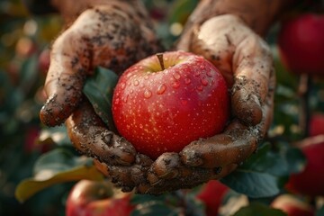 Farmer's Muddy Hands Holding a Fresh Red Apple in an Orchard at Harvest Time, Showcasing Organic Fruit Production, Nature, and Hard WorkFarmer
