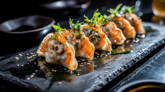 Gyoza dumplings with Shrimp on black stone plate with soy sauce