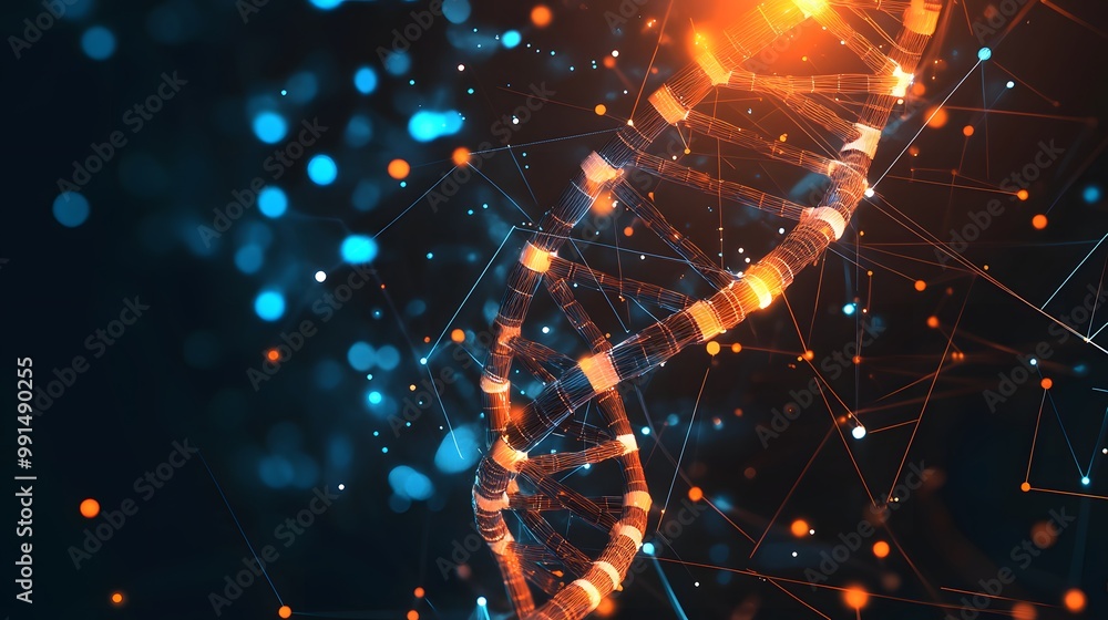 Poster glowing dna strand with connected network lines