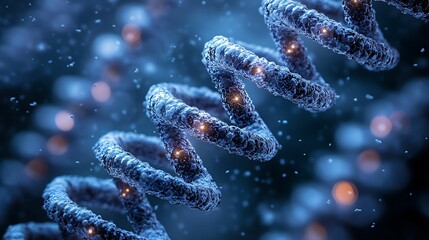 A highly detailed, close-up image of a DNA helix structure, illuminated by blue light, representing complex genetic material and molecular biology.