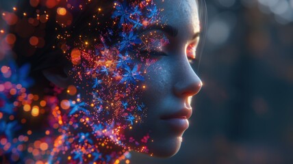 Fototapeta premium Dreamlike Profile of a Woman with Floral and Sparkling Light Effects in a Mystical, Dimly Lit Outdoor Settingdreamlike