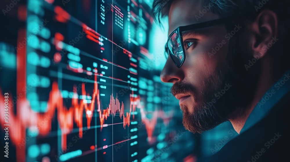 Poster a man analyzing stock market trends on a digital display with real-time data in a modern office sett