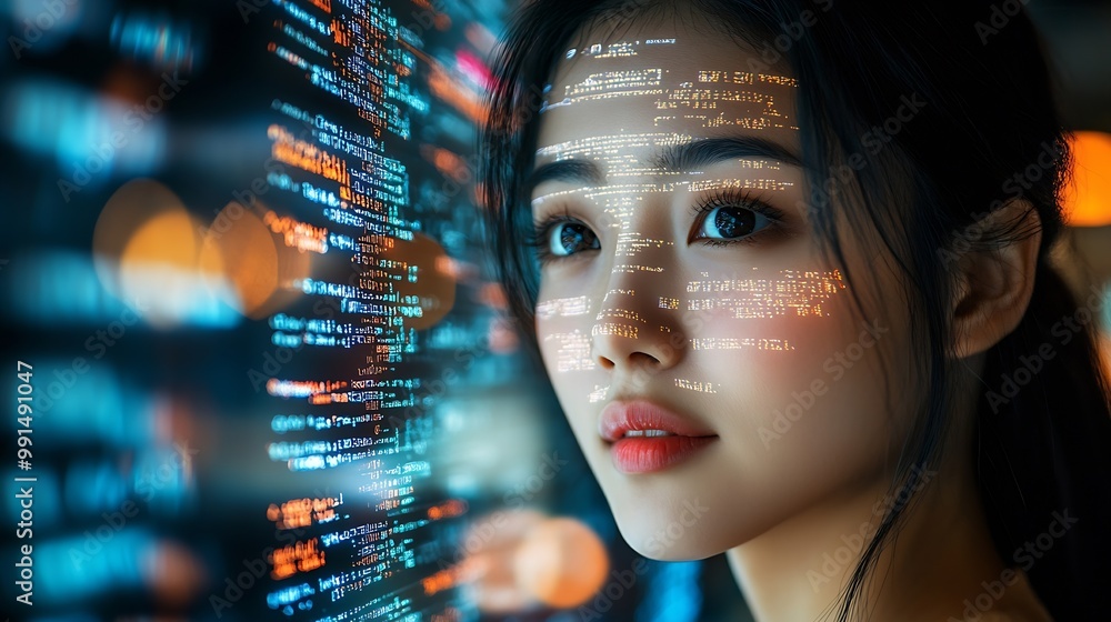 Aufkleber Portrait of Asian Female Startup Digital Entrepreneur Working on Computer Line of Code Projected on Her Face and Reflecting Software Developer Working on Innovative eCommerce App using : Generative AI