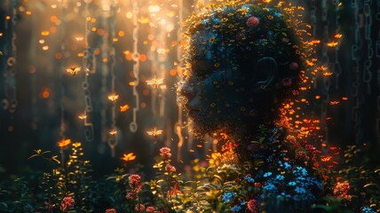 Obraz premium Digital Fantasy Portrait of Person with Luminous Face and Flowing Codes in Ethereal Garden of Flowers and Abstract Lightdreamlike