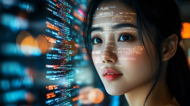 Portrait of Asian Female Startup Digital Entrepreneur Working on Computer Line of Code Projected on Her Face and Reflecting Software Developer Working on Innovative eCommerce App using : Generative AI