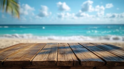 Fototapeta premium Empty rustic wooden table on blur background of beautiful beach for mockup summer product display or travel ad Picnic table with customizable space on tabletop for editing Flawless : Generative AI