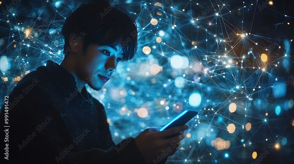 Poster Man using mobile smart phone with global network connection Technology innovative and communication concept : Generative AI