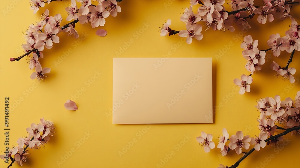 Poster minimalistic card mockup with cherry branch flower craft envelope blossom flat lay top view : genera