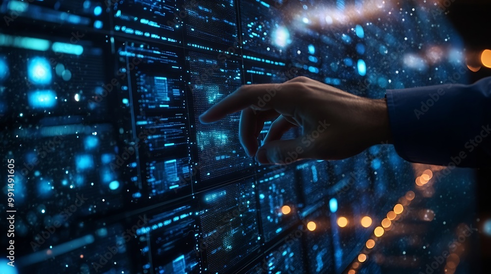 Poster Big data digital technology concept Software engineer touching on virtual internet network connection with data center network server innovative futuristic technology background data m : Generative AI