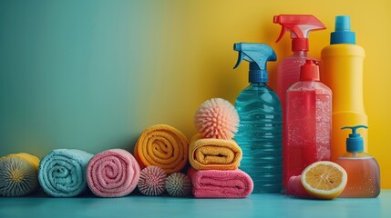 Vibrant cleaning supplies and colorful towels set against a bright background create a cheerful atmosphere. Generative AI
