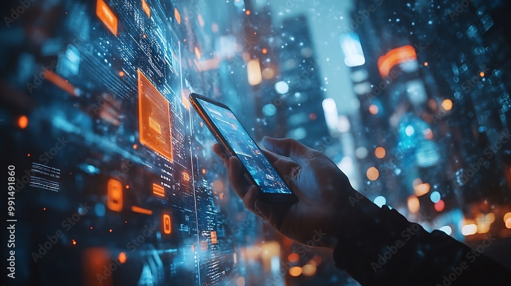 Aufkleber Digital technology big data internet network connection futuristic innovation technology background Man using mobile phone and laptop and smart city : Generative AI