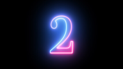 Purple vector neon tube number two with fog on dark background. Neon color glowing number