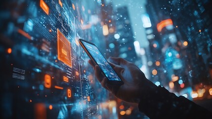 Digital technology big data internet network connection futuristic innovation technology background Man using mobile phone and laptop and smart city : Generative AI