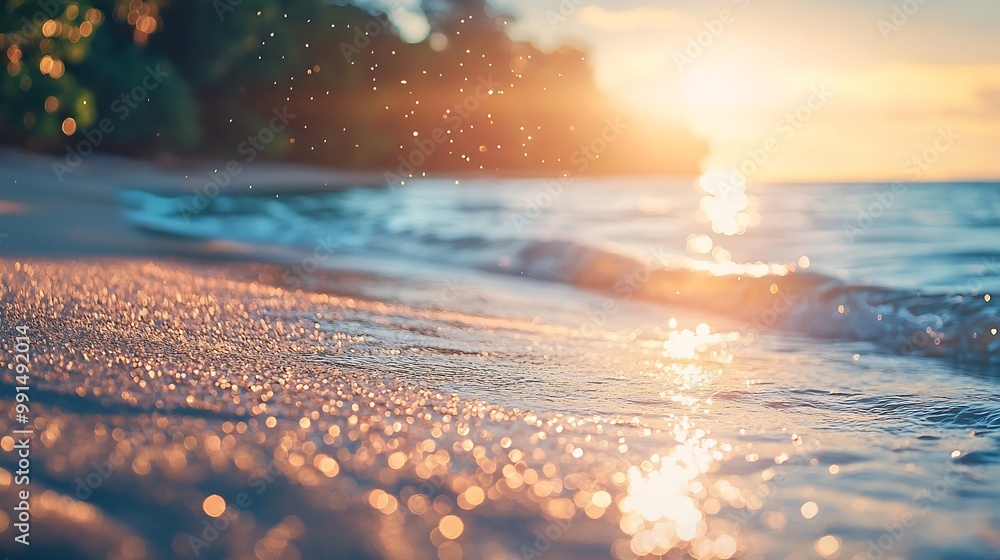 Poster summer background image of tropical beach with blurred horizon at sunset light sand of beach against