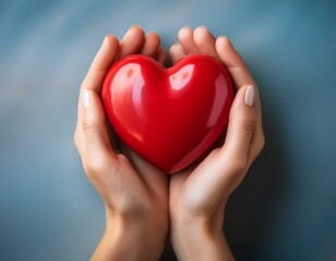 Obraz premium A woman's grasp on a red heart symbolizes care and protection for family well-being, emphasizing love, awareness, and global mental health recognition theme