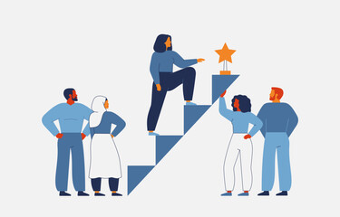 Businesswoman and support of her team. Synergy of leadership and collective effort in the achieving the goal. Personal growth through the help of like-minded people. Vector illustration