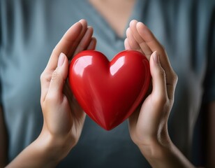 Obraz premium A woman's grasp on a red heart symbolizes care and protection for family well-being, emphasizing love, awareness, and global mental health recognition theme