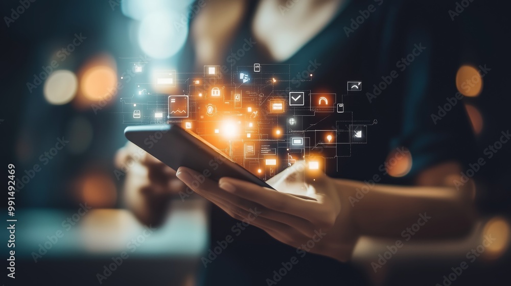 Poster a person interacts with a smartphone while digital icons and notifications illuminate the surroundin