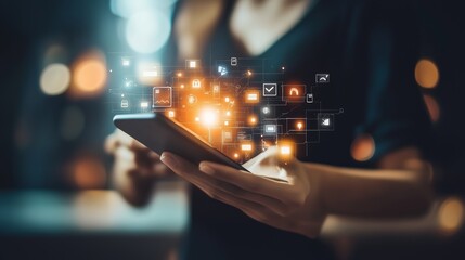 A person interacts with a smartphone while digital icons and notifications illuminate the surroundings at night