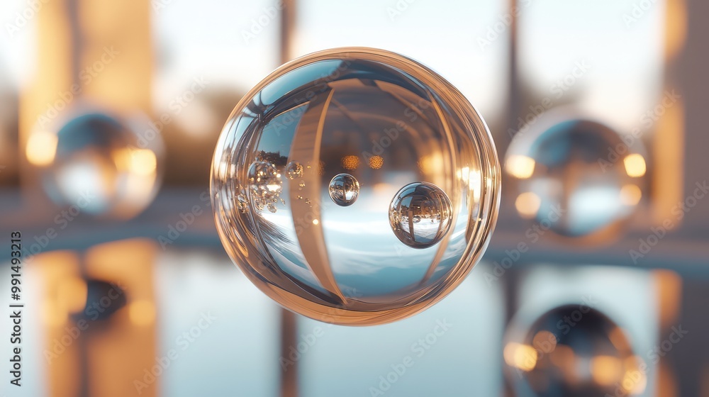 Poster floating translucent spheres with complex reflections