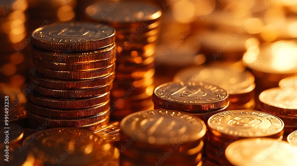 Poster rows of coins and blurred bokeh for finance and banking concept : generative ai